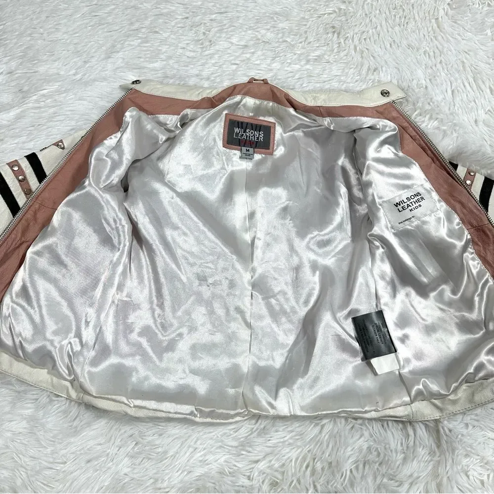 Rare Wilsons Leather Kids Studded LeatherJacket Size M Pink With Star Y2K Style